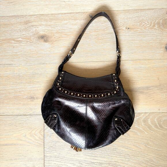 Cole Haan Collection Handbag Python Brown Studded Hobo Purse Faux Snakeskin - Picture 4 of 11